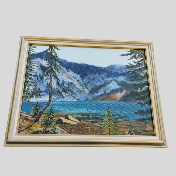 Vintage Framed Oil Painting Western Mountain Landscape & Lake Signed Miyan 1987 - Picture 1 of 9